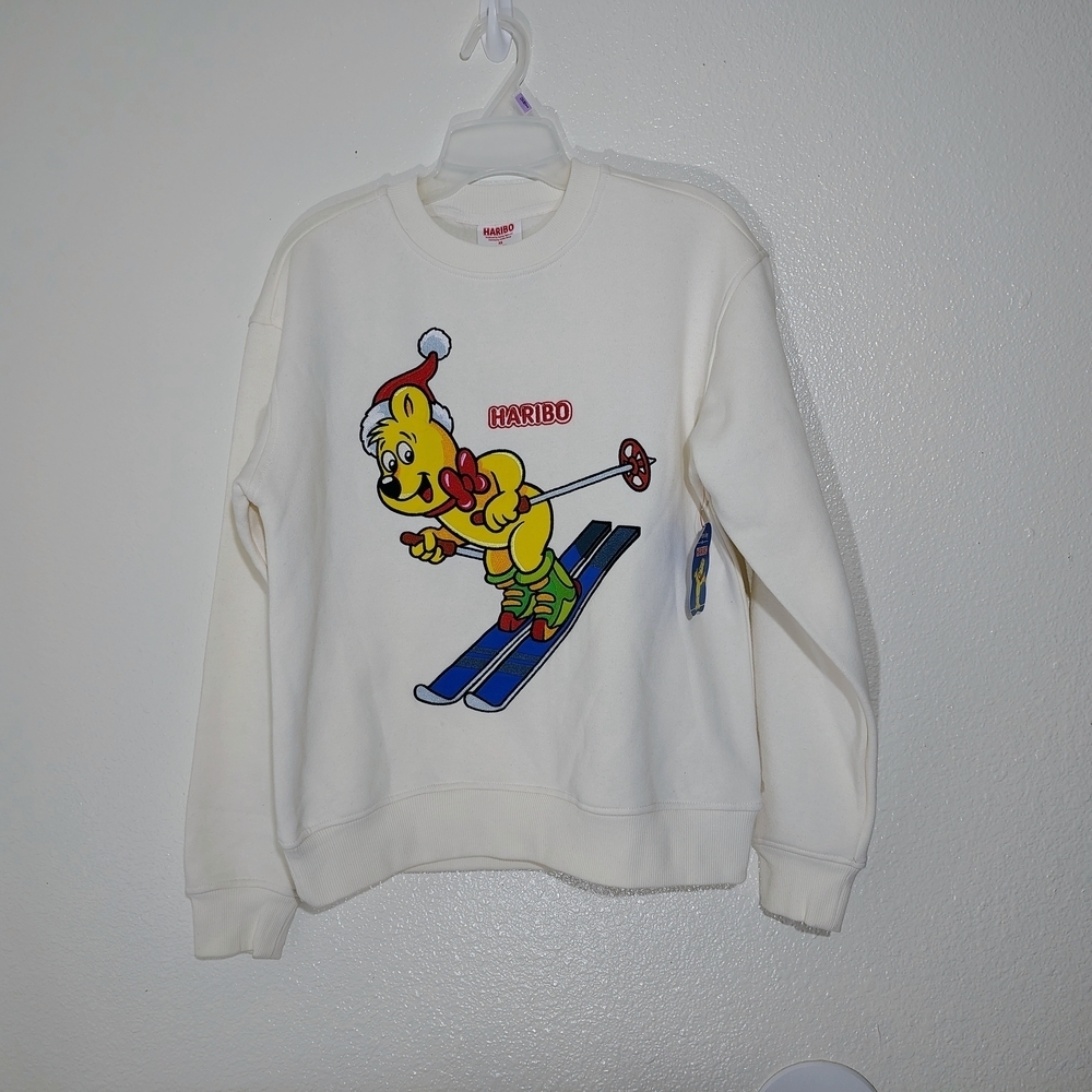 Haribo Gummy Bear White Sweatshirt XS Fleece Lined Graphic EmbroideredPullover
